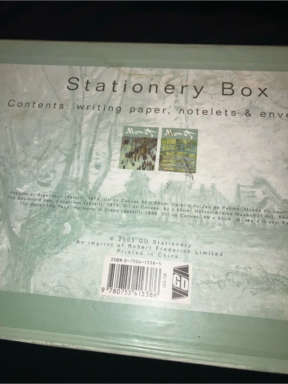 Vintage Monet Mint Green Mixed Stationery Box with Impressionist Artwork